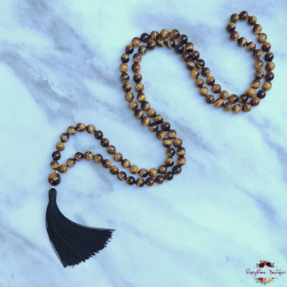 TIGER EYE MALA | 108 Beads, Hand-knotted, Grade A Natural Gemstone Necklace