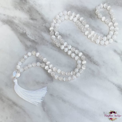 WHITE SELENITE MALA | 108 Beads, Hand-knotted, Grade AAA Natural Gemstone Necklace with Clear Quartz Guru Bead
