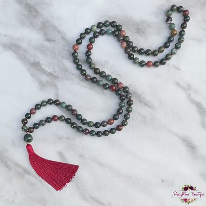 INDIAN BLOODSTONE MALA | 108 Beads, Hand-knotted, Grade A Natural Gemstone Necklace