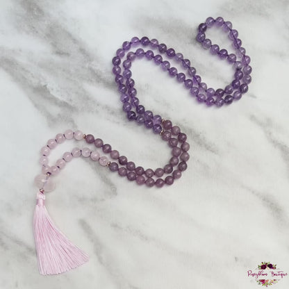 STRESS & ANXIETY RELIEF MALA | 108 Beads, Hand-knotted, Grade A, Natural Lepidolite, Amethyst and Rose Quartz Gemstones Necklace