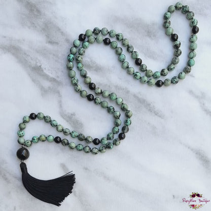 AFRICAN TURQUOISE & BLACK OBSIDIAN MALA | 108 Beads, Hand-knotted, Grade A African Turquoise & Grade AA Black Obsidian Necklace