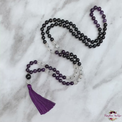 PROTECTION & ENERGY SHIELDING MALA | 108 Beads, Hand-knotted, Grade A and AA, Black Tourmaline, Black Obsidian, Selenite and Amethyst Natural Gemstone Necklace