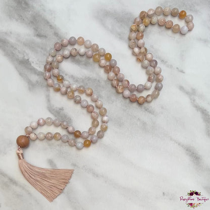 FLOWER AGATE MALA | 108 Beads, Hand-knotted, Grade A Natural Gemstone Necklace with Sandalwood Guru Bead