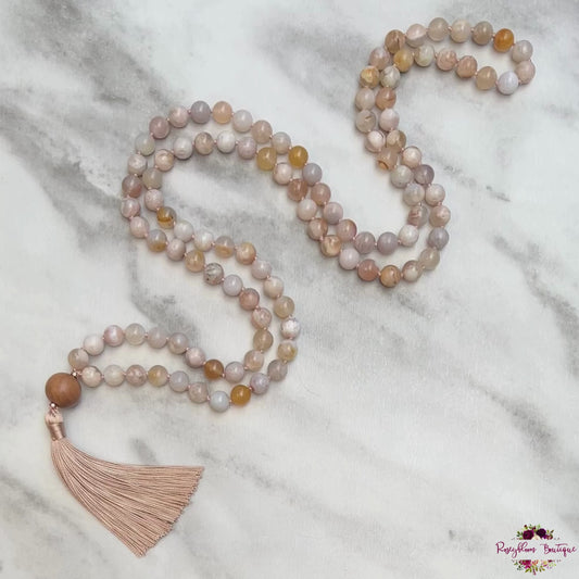 FLOWER AGATE MALA | 108 Beads, Hand-knotted, Grade A Natural Gemstone Necklace with Sandalwood Guru Bead