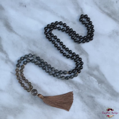 PROTECTION & GROUNDING MALA | 108 Beads, Hand-knotted, Grade A and AA, Natural Black Tourmaline, Larvikite and Smoky Quartz Gemstones Necklace