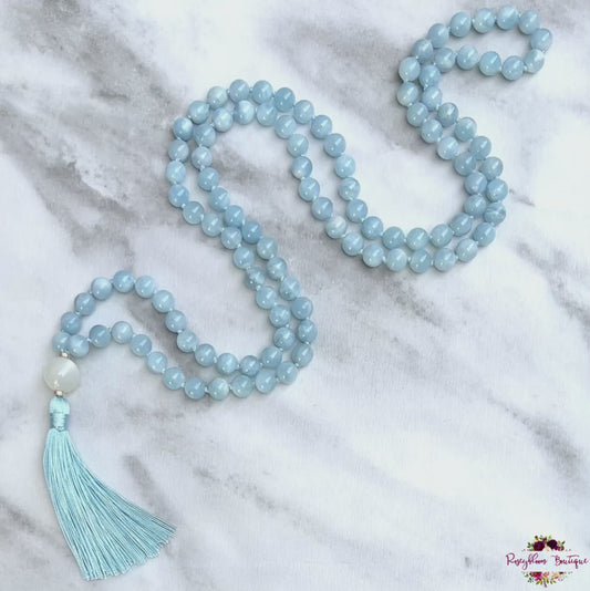 AQUAMARINE MALA | 108 Beads, Hand-knotted, Grade AA Natural Gemstone Necklace with White Moonstone Guru Bead