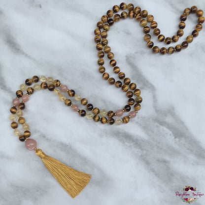 POSITIVE ENERGY & MOTIVATION MALA | 108 Beads, Hand-knotted, Grade A, AA and AAA, Natural Citrine, Sunstone and Tiger Eye Gemstones Necklace