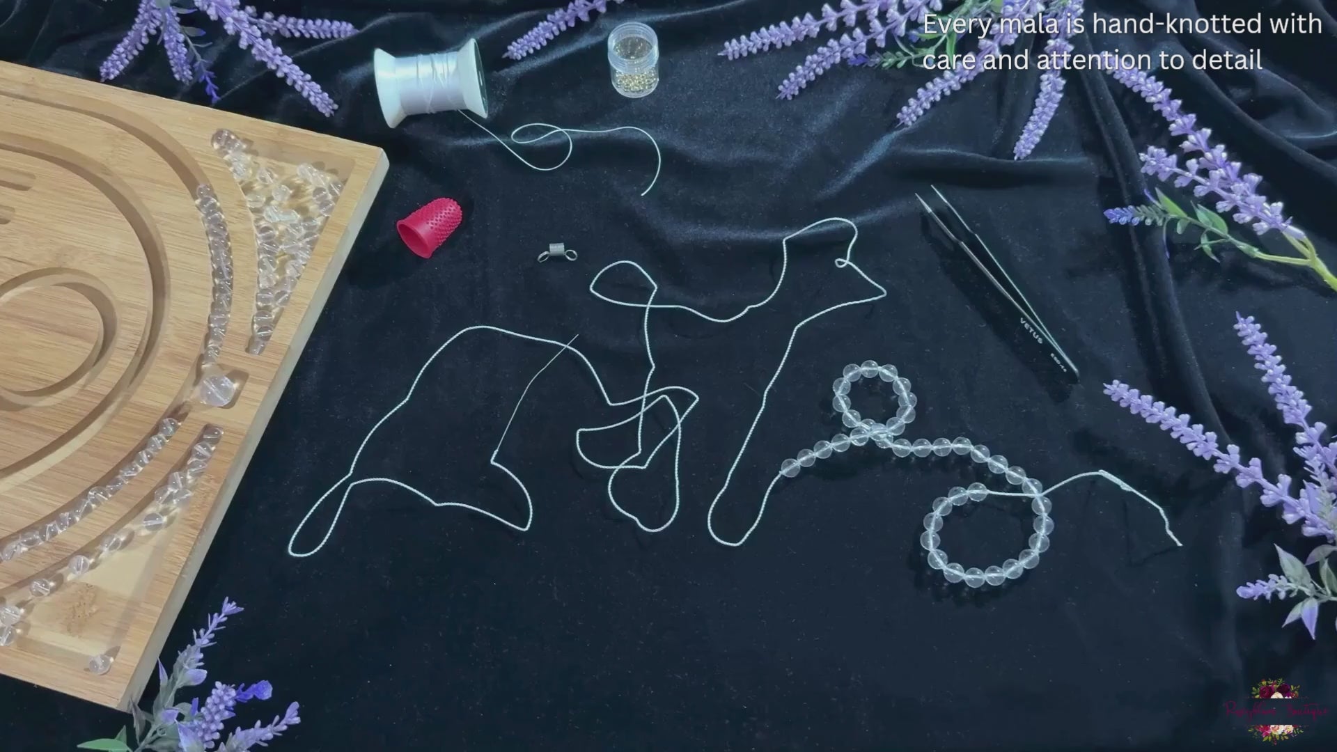 Load video: Handcrafted gemstone mala being hand-knotted with care and attention to detail.
