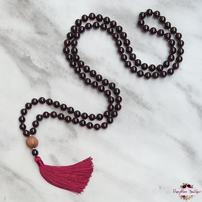 GARNET MALA | 108 Beads, Hand-knotted, Grade A Natural Garnet Gemstone Necklace with Sandalwood Guru Bead