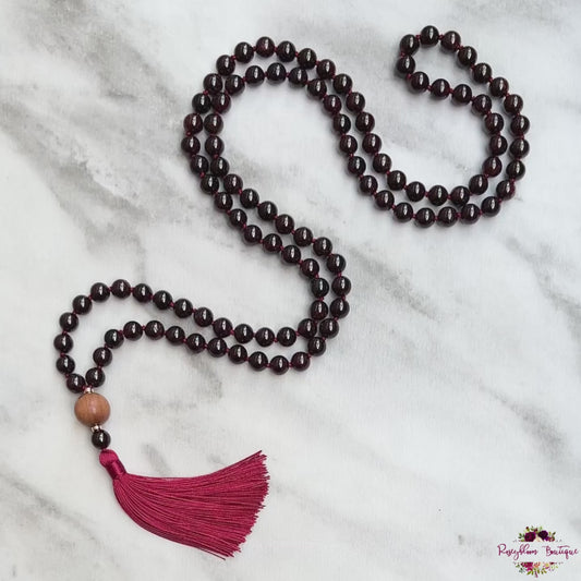 GARNET MALA | 108 Beads, Hand-knotted, Grade A Natural Garnet Gemstone Necklace with Sandalwood Guru Bead