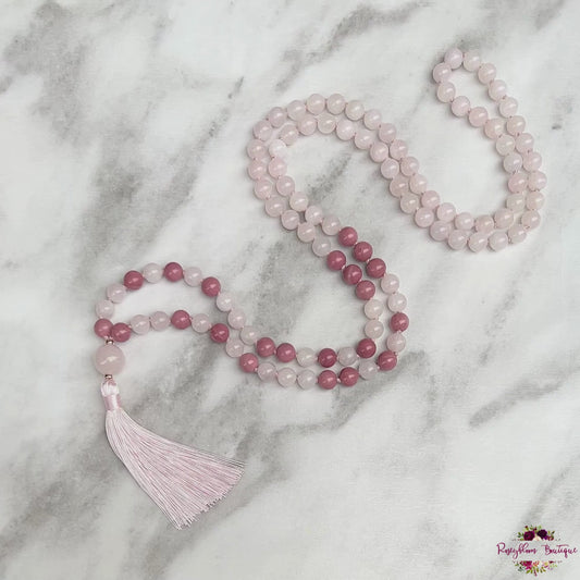 ROSE QUARTZ & RHODOCHROSITE MALA | 108 Beads, Hand-knotted, Grade A Rose Quartz & Grade A Rhodochrosite Necklace