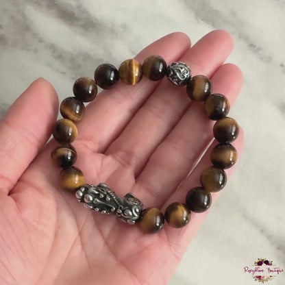 TIGER EYE PIXIU MEN BRACELET | 10mm Beads, Stretch Beaded Bracelet, Grade A Natural Gemstone, Stainless Steel Accent Beads